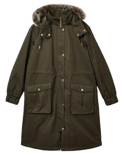 Khaki Green Coloured Joules Womens Harpsden Cosy Waterproof Fleece Lined Raincoat With Faux Fur Hood on white background #colour_khaki-green