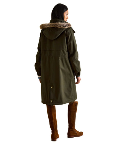 Khaki Green Coloured Joules Womens Harpsden Cosy Waterproof Fleece Lined Raincoat With Faux Fur Hood on white background #colour_khaki-green