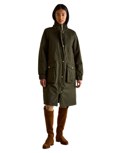 Khaki Green Coloured Joules Womens Harpsden Cosy Waterproof Fleece Lined Raincoat With Faux Fur Hood on white background #colour_khaki-green