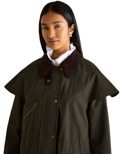 Khaki Green Coloured Joules Womens Highbridge Waterproof Longline Coat With Hood on white background #colour_khaki-green