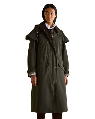 Khaki Green Coloured Joules Womens Highbridge Waterproof Longline Coat With Hood on white background #colour_khaki-green