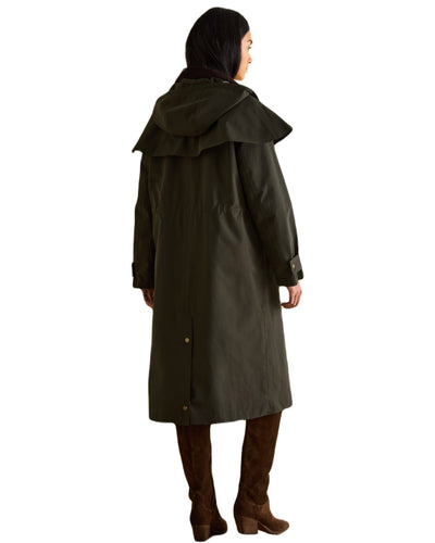 Khaki Green Coloured Joules Womens Highbridge Waterproof Longline Coat With Hood on white background #colour_khaki-green