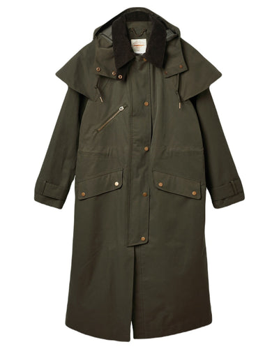 Khaki Green Coloured Joules Womens Highbridge Waterproof Longline Coat With Hood on white background #colour_khaki-green