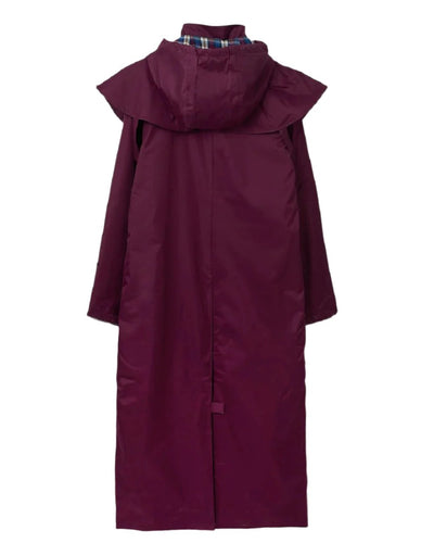 Plum coloured Lighthouse Outback Full Length Ladies Waterproof Raincoat on wall background #colour_plum