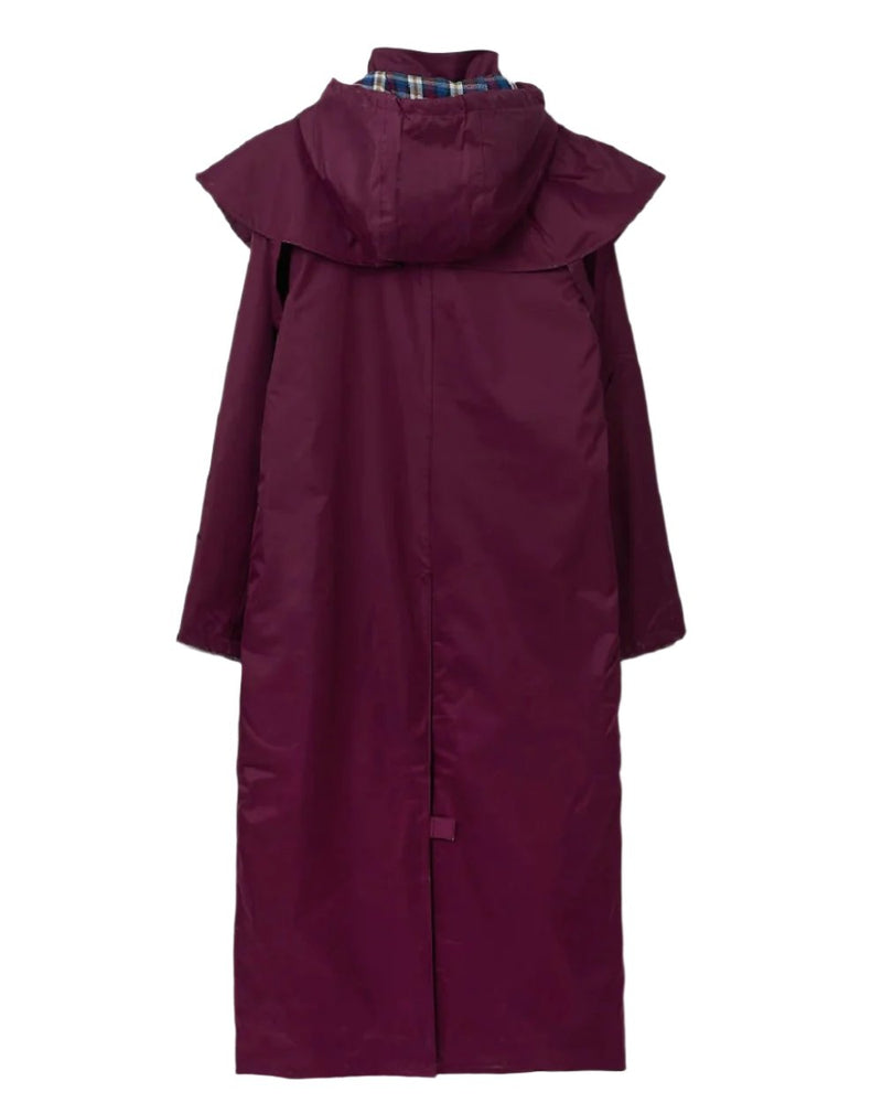 Plum coloured Lighthouse Outback Full Length Ladies Waterproof Raincoat on wall background 