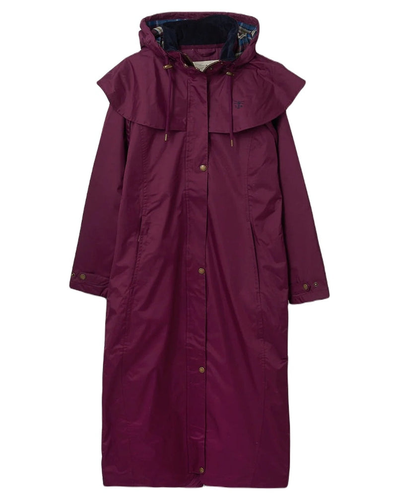 Plum coloured Lighthouse Outback Full Length Ladies Waterproof Raincoat on white background 