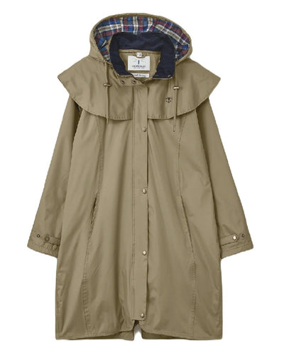 Fawn coloured Lighthouse Outrider 3/4 Length Ladies Waterproof Raincoat on white background #colour_fawn