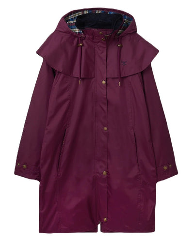 Plum coloured Lighthouse Outrider 3/4 Length Ladies Waterproof Raincoat on white background #colour_plum