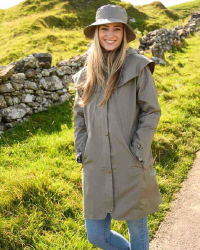 Urban Grey coloured Lighthouse Outrider 3/4 Length Ladies Waterproof Raincoat on white background #colour_urban-grey