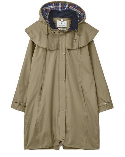 Fawn coloured Lighthouse Outrider 3/4 Length Ladies Waterproof Raincoat on white background #colour_fawn