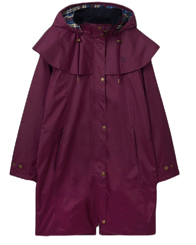 Plum coloured Lighthouse Outrider 3/4 Length Ladies Waterproof Raincoat on white background #colour_plum