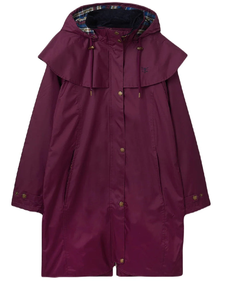 Plum coloured Lighthouse Outrider 3/4 Length Ladies Waterproof Raincoat on white background 