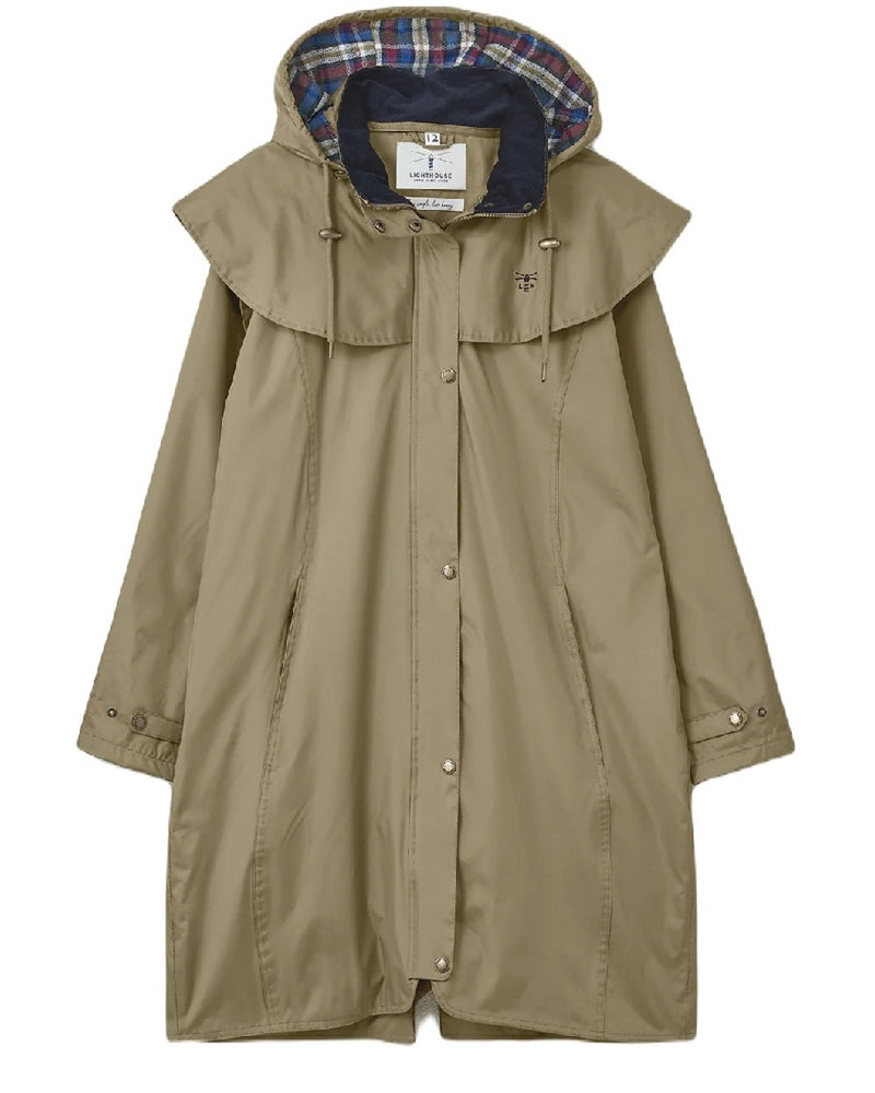 Fawn coloured Lighthouse Outrider 3/4 Length Ladies Waterproof Raincoat on white background 