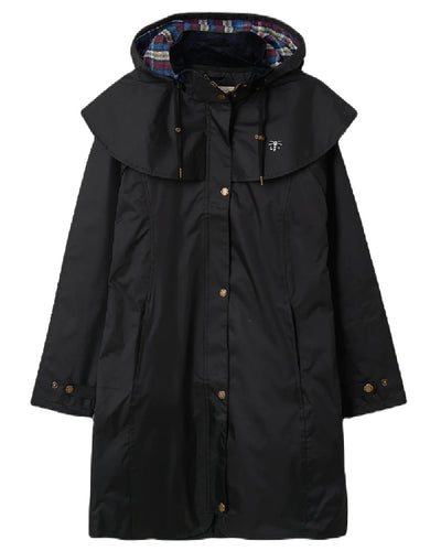 Black coloured Lighthouse Outrider 3/4 Length Ladies Waterproof Raincoat on white background #colour_black