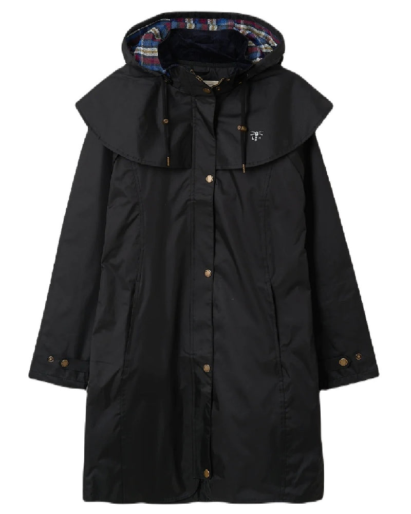 Black coloured Lighthouse Outrider 3/4 Length Ladies Waterproof Raincoat on white background 