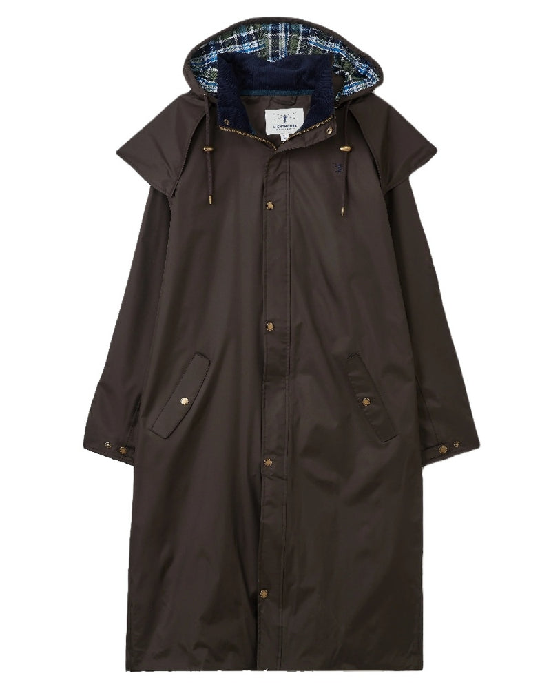 Chocolate coloured Lighthouse Stockman Long Waterproof Coat on White background 