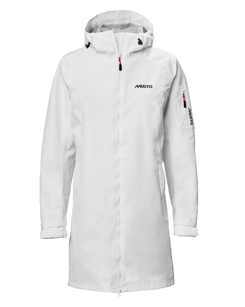 White coloured Musto Ladies Sardinia Long Rain Jacket on white background 