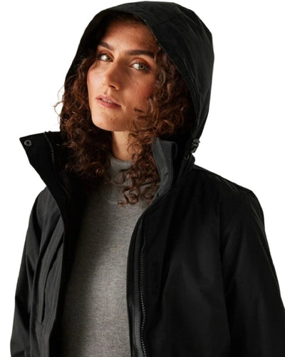 Black coloured Regatta Womens Darby III Insulated Parka Jacket on white background #colour_black