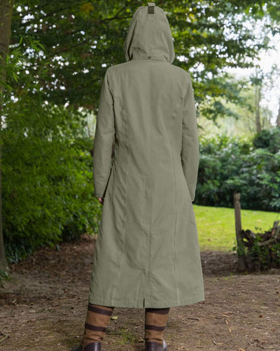 Grey Green Coloured Baleno Kensington Safe Womens Long Riding Coat On A Backyard Background #colour_grey-green