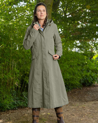 Grey Green Coloured Baleno Kensington Safe Womens Long Riding Coat On A Backyard Background #colour_grey-green