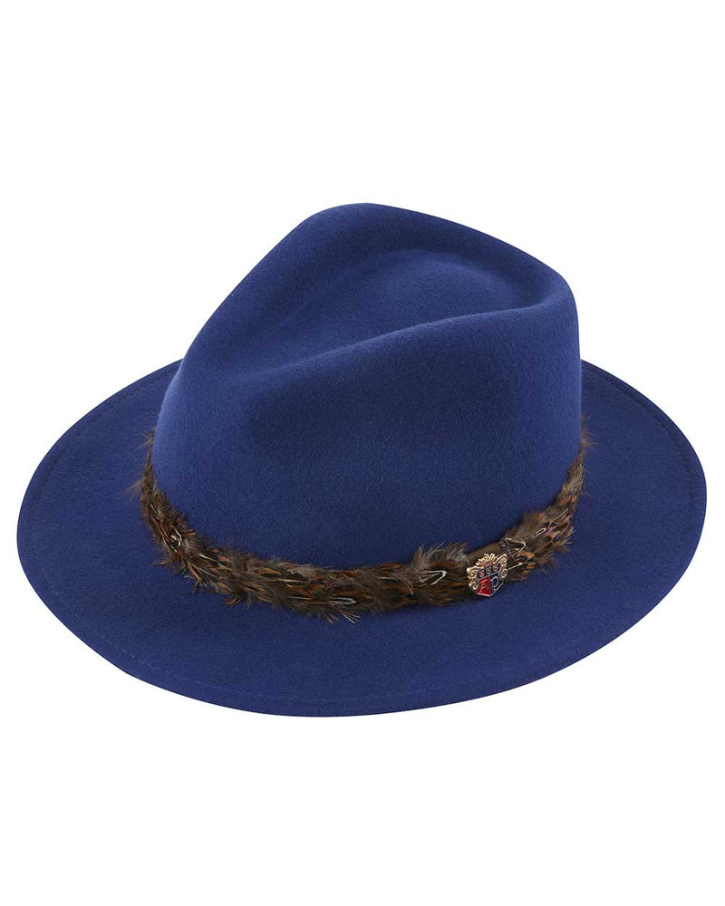 Blue Coloured Alan Paine Richmond Ladies Fedora On A White Background 