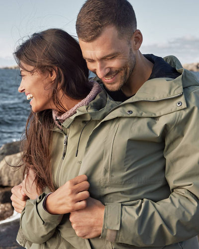 Mistel Green Coloured Didriksons Andreas Unisex Parka 2 On A Coastal Background #colour_mistel-green