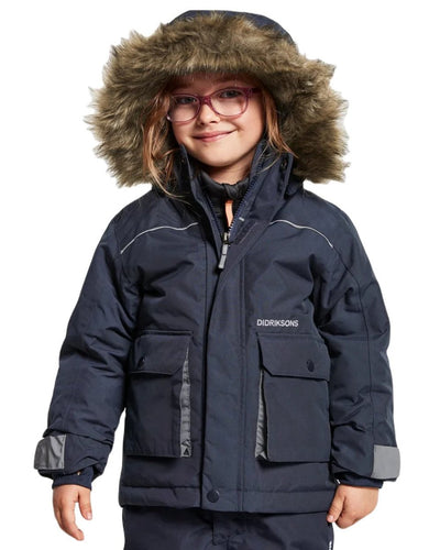 Navy Coloured Didriksons Bjornen Childrens Parka On A White Background #colour_navy