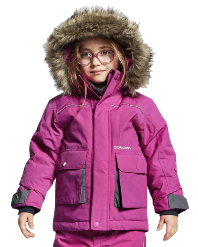 Plastic Pink Coloured Didriksons Bjornen Childrens Parka On A White Background #colour_plastic-pink