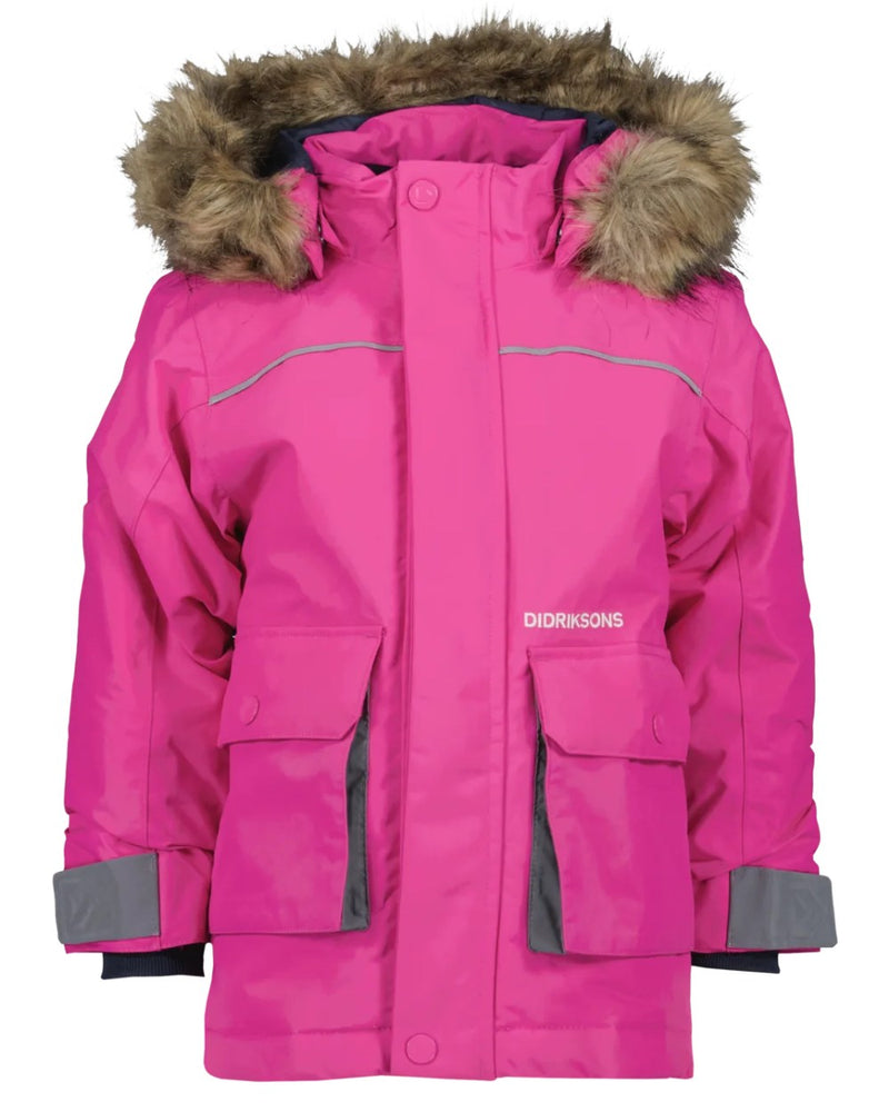 Plastic Pink Coloured Didriksons Bjornen Childrens Parka On A White Background 