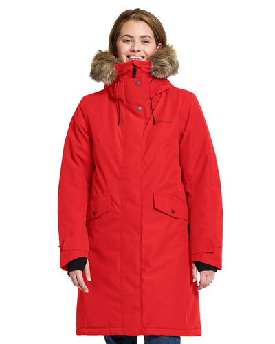 Pomme Red Coloured Didriksons Erika Ladies Padded Waterproof Parka 3 On A White Background #colour_pomme-red