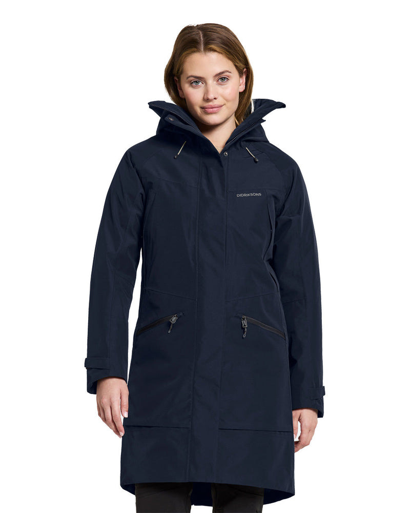 Dark Night Blue coloured Didriksons Womens Parka on White background 