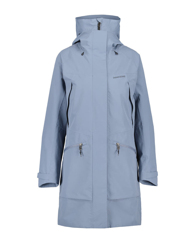 Glacial Blue coloured Didriksons Womens Parka on White background 