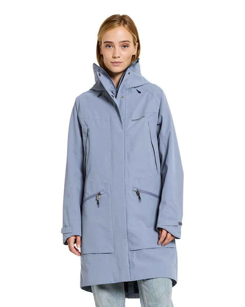 Glacial Blue coloured Didriksons Womens Parka on White background 