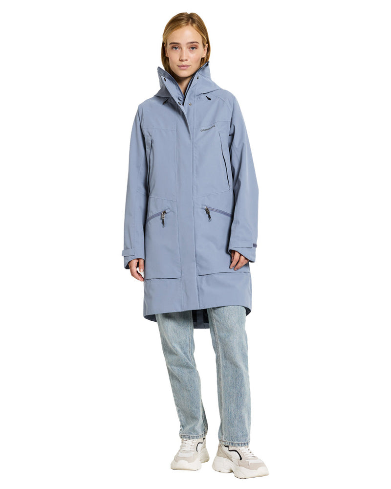 Glacial Blue coloured Didriksons Womens Parka on White background 