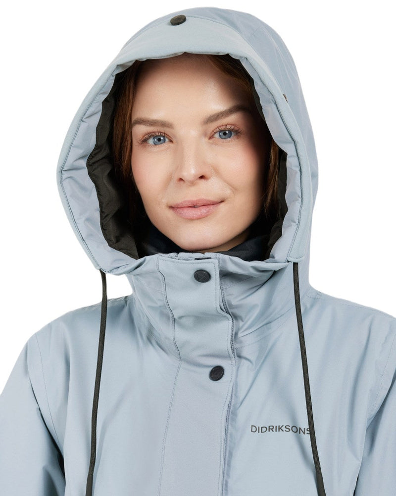 Factory Blue Coloured Didriksons Womens Elissa Parka On A White Background 