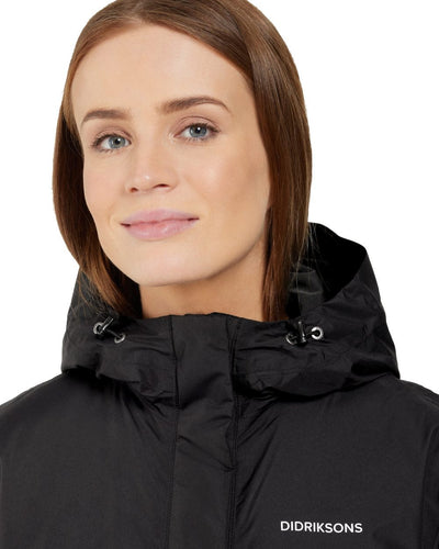 Black Coloured Didriksons Womens Fara Parka On A White Background #colour_black