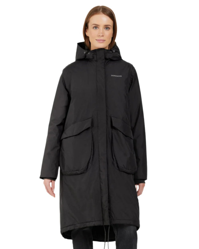 Black Coloured Didriksons Womens Fara Parka On A White Background 