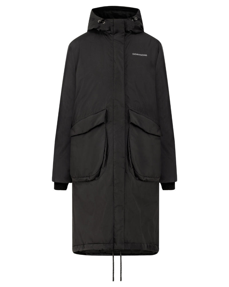 Black Coloured Didriksons Womens Fara Parka On A White Background 