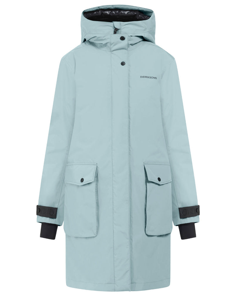 Factory Blue Coloured Didriksons Womens Ilsa Parka On A White Background 