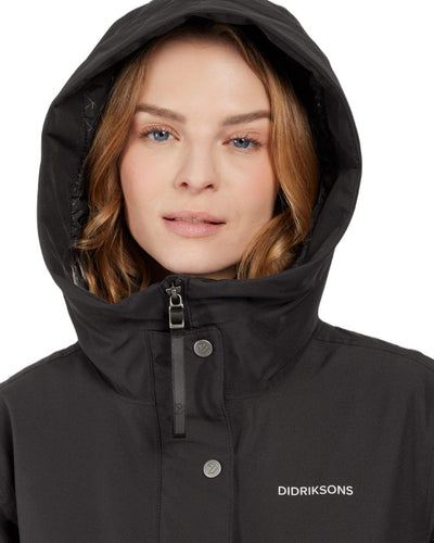 Black Coloured Didriksons Womens Mia Long Parka 2 On A White Background #colour_black