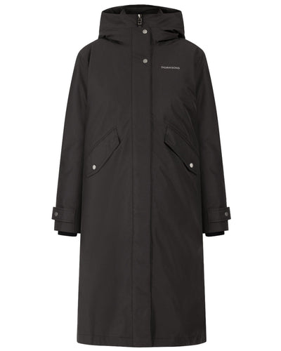 Black Coloured Didriksons Womens Mia Long Parka 2 On A White Background #colour_black