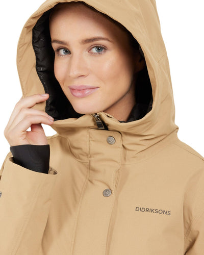 Wood Coloured Didriksons Womens Mia Long Parka 2 On A White Background #colour_wood