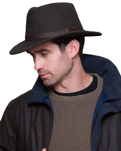 Olive coloured Jack Murphy Boston Crushable Felt Hat on white background #colour_olive