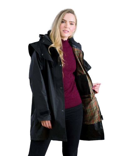 Black coloured Jack Murphy Cotswold Ladies Waterproof 3/4 Coat on white background #colour_black