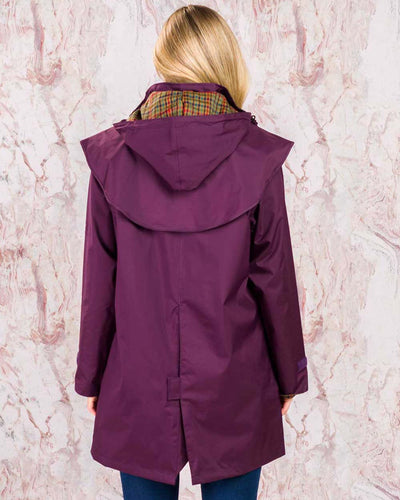 Blackberry coloured Jack Murphy Cotswold Ladies Waterproof 3/4 Coat on Pink background #colour_blackberry