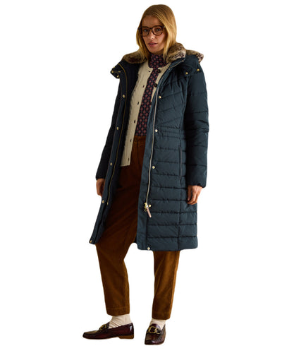 Navy Coloured Joules Cherington Showerproof Longline Padded Coat On A White Background #colour_navy