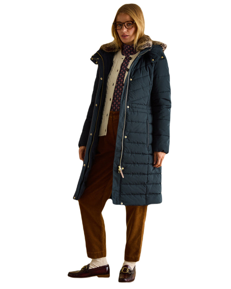 Navy Coloured Joules Cherington Showerproof Longline Padded Coat On A White Background 