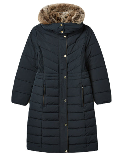 Navy Coloured Joules Cherington Showerproof Longline Padded Coat On A White Background #colour_navy