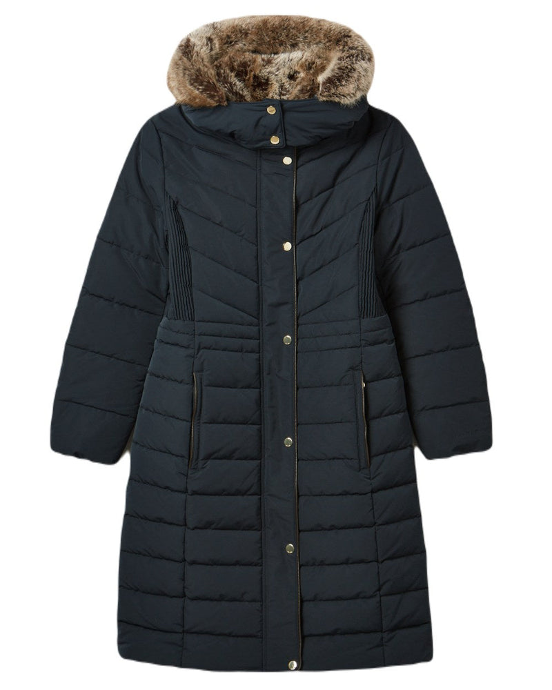 Navy Coloured Joules Cherington Showerproof Longline Padded Coat On A White Background 