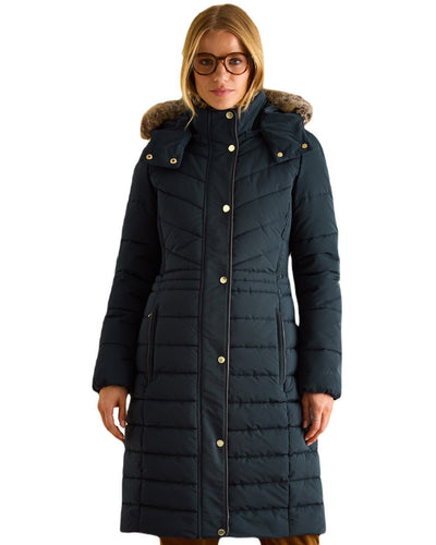 Navy Coloured Joules Cherington Showerproof Longline Padded Coat On A White Background #colour_navy